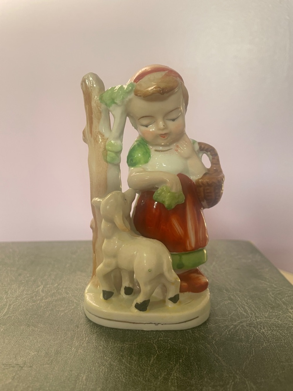 Vintage Ceramic Girl with Lamb Figurine - Red and Green Accents